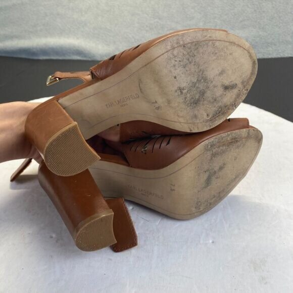 Karl Lagerfeld Rennes Laser Cut Caged Block Leather Peep Toe Buckle Heels 7.5 M - Picture 3 of 13